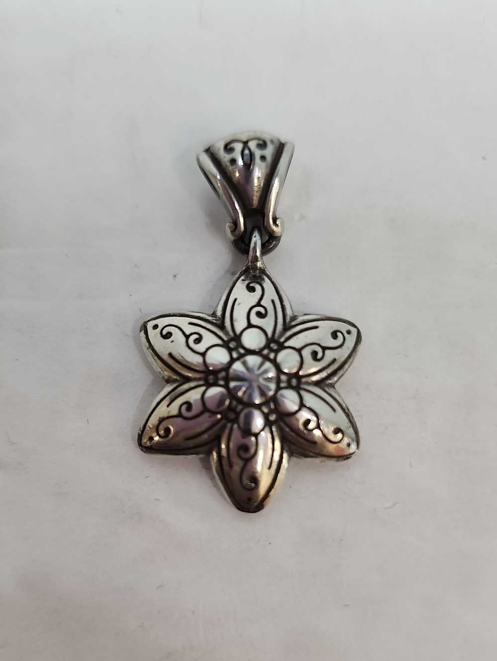 Silver Tone White Enamel Flower Pendant Crystal Statement Charm